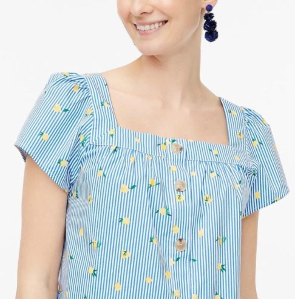 J. Crew Lemon Print Poplin Cotton Square-Neck Button Front Size Small